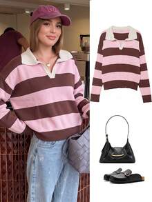 ACKCER Women's Spring/Autumn/Spring/Summer Sweet Fashion Loose Polo Collar Striped Long Sleeve Casual Knit Sweater Pink - Pink - View 2