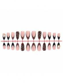 24pcs Autumn/Winter Atmosphere Leopard Print Press-On Nails Black Edge French Style Colorful Rhinestone Gold Bead Medium Long Almond Fake Nails - Multicolor - View 6