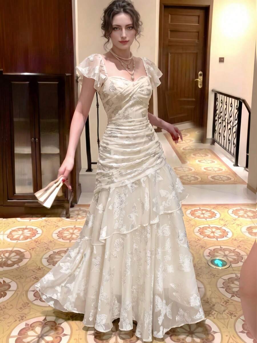 優雅時尚修身女款晚禮服,荷葉邊花卉婚禮派對洋裝,飄逸袖復古度假海灘夏秋洋裝 - 杏色 - 查看 1