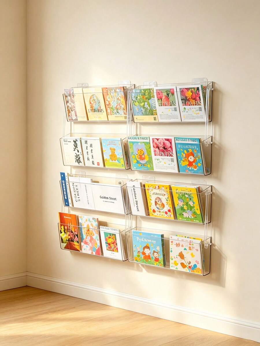 1pc Transparent Acrylic Wall-Mounted Children's Bookshelf, Wall-Mounted Card Storage Rack, Suitable For Baby Room And Home Book Storage - Multicolor - View 1