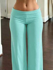 High Waist Wide Leg Cropped Pants, Women's Low Waist Elastic Loose Wide Leg Sports Pants, Elegant Solid Color Slim Fit Wide Leg Pants, Suitable For Commuting And Sports - Mint Blue - View 1