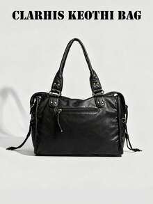 Vintage Distressed Motorcycle Style Tote Bag, Woven Texture With Rivet Details, Fun Cherry Charm Accent, Multi-Zipper Compartment Design, Comes With Replaceable Long Shoulder Strap, Large Capacity Body, Suitable For Daily Outings, Creating American Vintage Atmosphere Outfit - Black - View 7