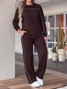 LUNNELUX Women Fall Brown Knit 2 Pieces Outfits, White Piping Round Neck Long Sleeve Top & Wide Leg Pants Set Halloween Travel Daily Tracksuit - Dark Brown - View 3