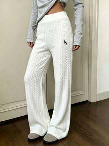 Fall/Winter Embroidered Cable-Knit Flared Pants,Daily Commute Casual Elegant White Embroidered Pony Logo Loose-Fitting Flared Pants - White - View 3