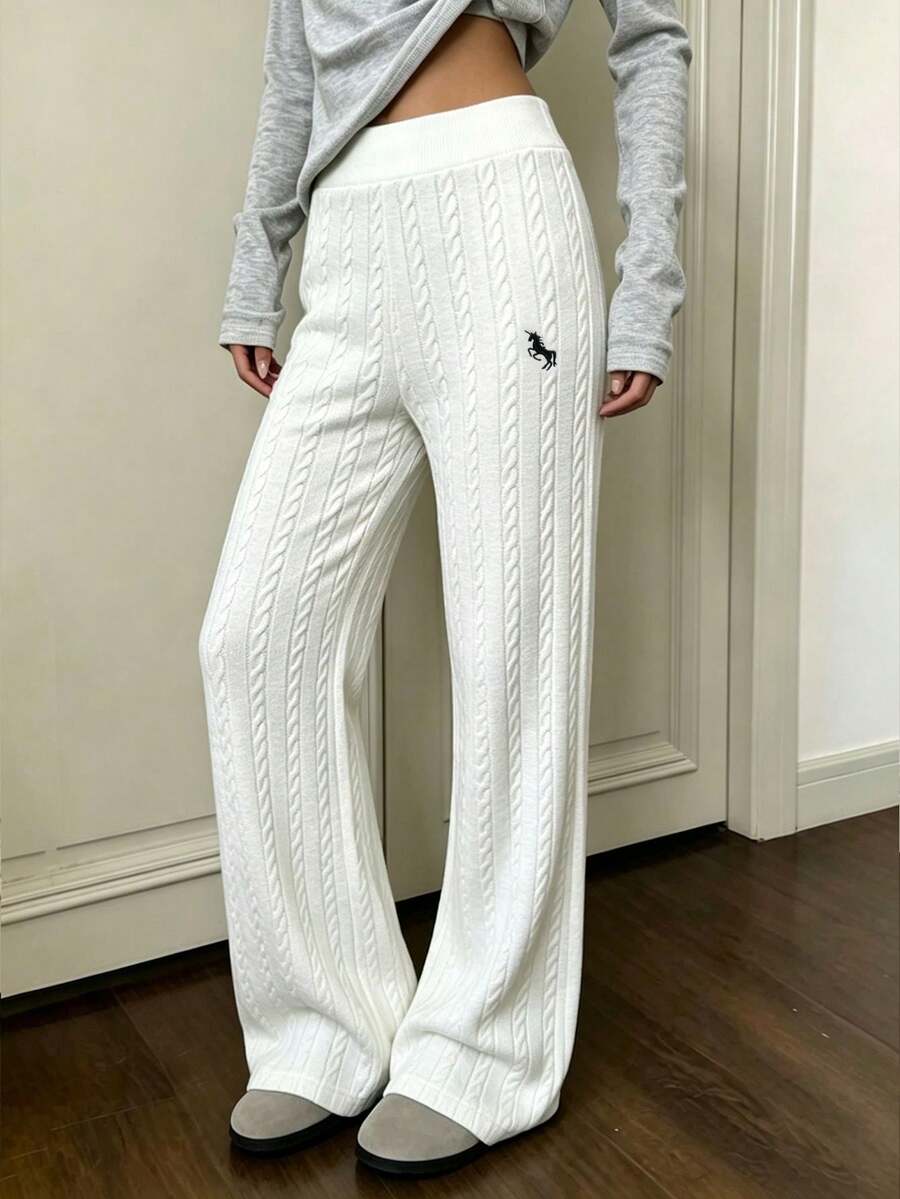 Fall/Winter Embroidered Cable-Knit Flared Pants,Daily Commute Casual Elegant White Embroidered Pony Logo Loose-Fitting Flared Pants - White - View 1