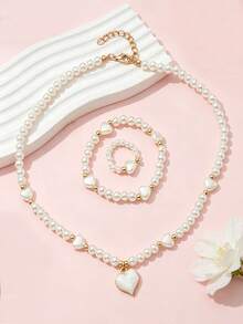 3pcs/Set Girls Faux Pearl Necklace Bracelet Ring Jewelry Set Sweet Heart Pendant Daily Elegant Party Gift - Multicolor - View 4