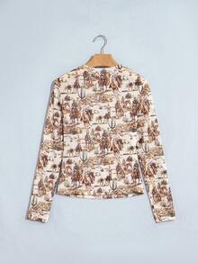 Acelitt Spring/Autumn Western Cowboy Style Slim Fit Small Stand Collar Printed Long Sleeve Elastic Mesh Top, Suitable For Daily Wear - Brown - View 5