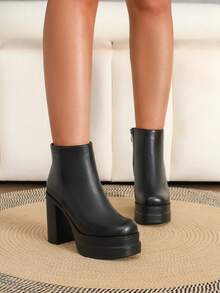 1 Pasang Sepatu Bot Ankle Platform Sol Tebal dengan Resleting Samping Seksi Warna Polos, Tahan Air, Sol Tebal, Cocok untuk Aktivitas Luar Ruangan Musim Gugur dan Musim Dingin - Hitam - View 4