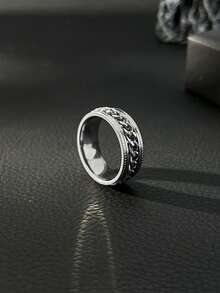 Street Hip-Hop Men Ring, Stainless Steel, Rotatable Chain Texture Band, Cool Jewelry For Men Daily Wear - Silver - View 1