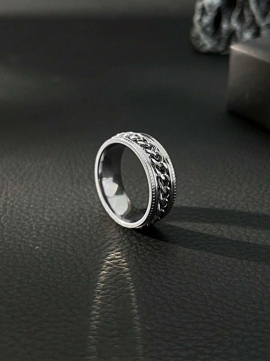 Street Hip-Hop Men Ring, Stainless Steel, Rotatable Chain Texture Band, Cool Jewelry For Men Daily Wear - Silver - View 1