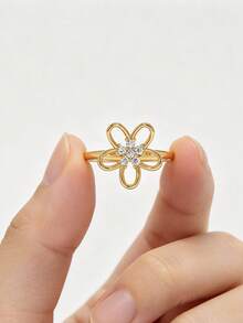QIUCHU 1pc S925 Sterling Silver Minimalist Lace Flower Ring, Women's Hollow Rhinestone Petal Tail Ring, Light Luxury Stackable Finger Ring, Suitable For Daily Wear, Dating, Party, Also An Excellent Holiday Gift, Silver Net Weight: 1.4g - Gold - View 14