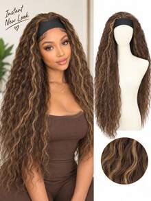 32 Inch Long Wavy Headband Wigs For Black Women, Synthetic Half Wig No Glue No Lace Front, Highlight Brown Heat Resistant Curly Hair For Daily Cosplay Party - Brown Highlight - View 7