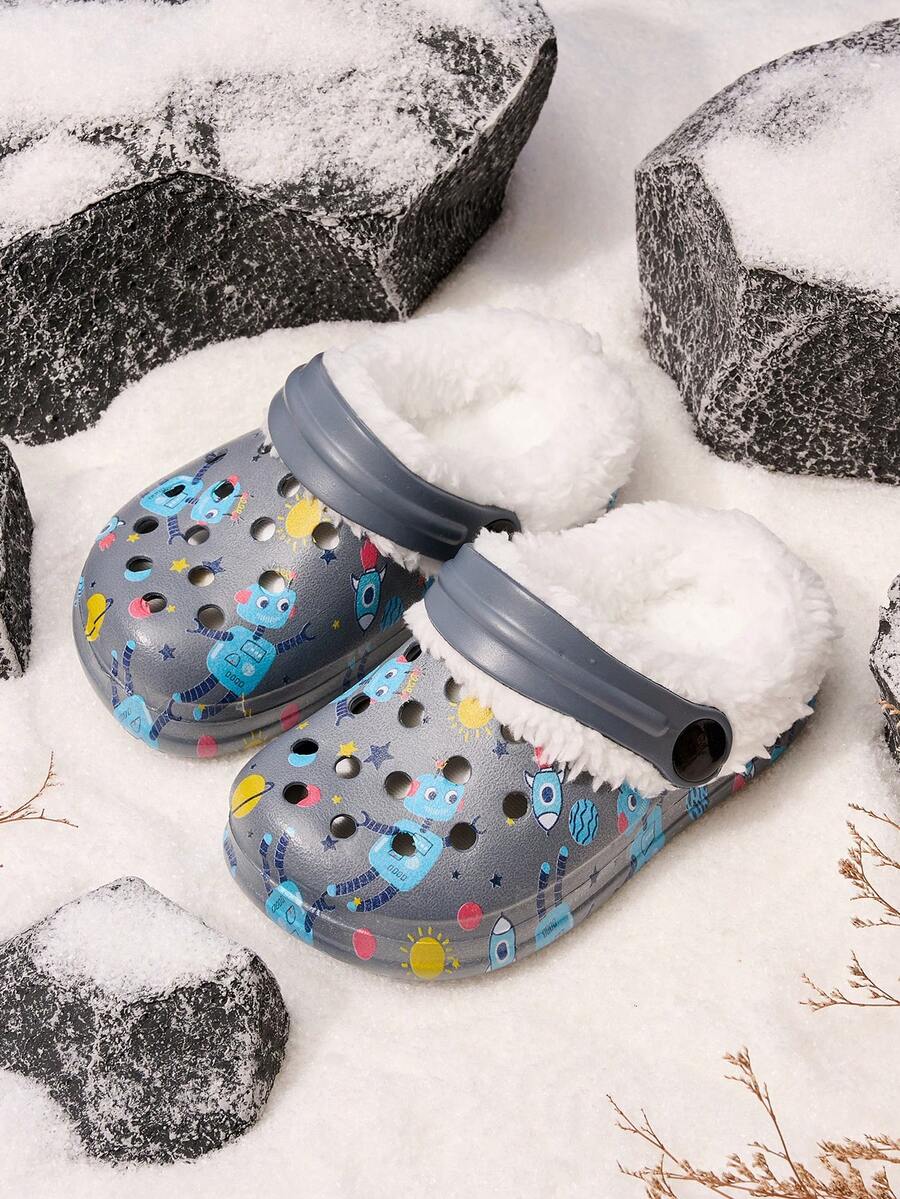 1 Pair Boys' Autumn/Winter Robot Print Thermal Lined Fashion Warm Lightweight Clog Shoes - Dark Grey - View 1