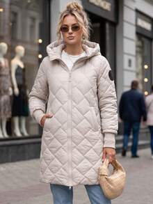 Women's Long Quilted Hooded Jacket Zip Front Diamond Stitch Ribbed Cuffs Regular Fit - Light Grey - View 2