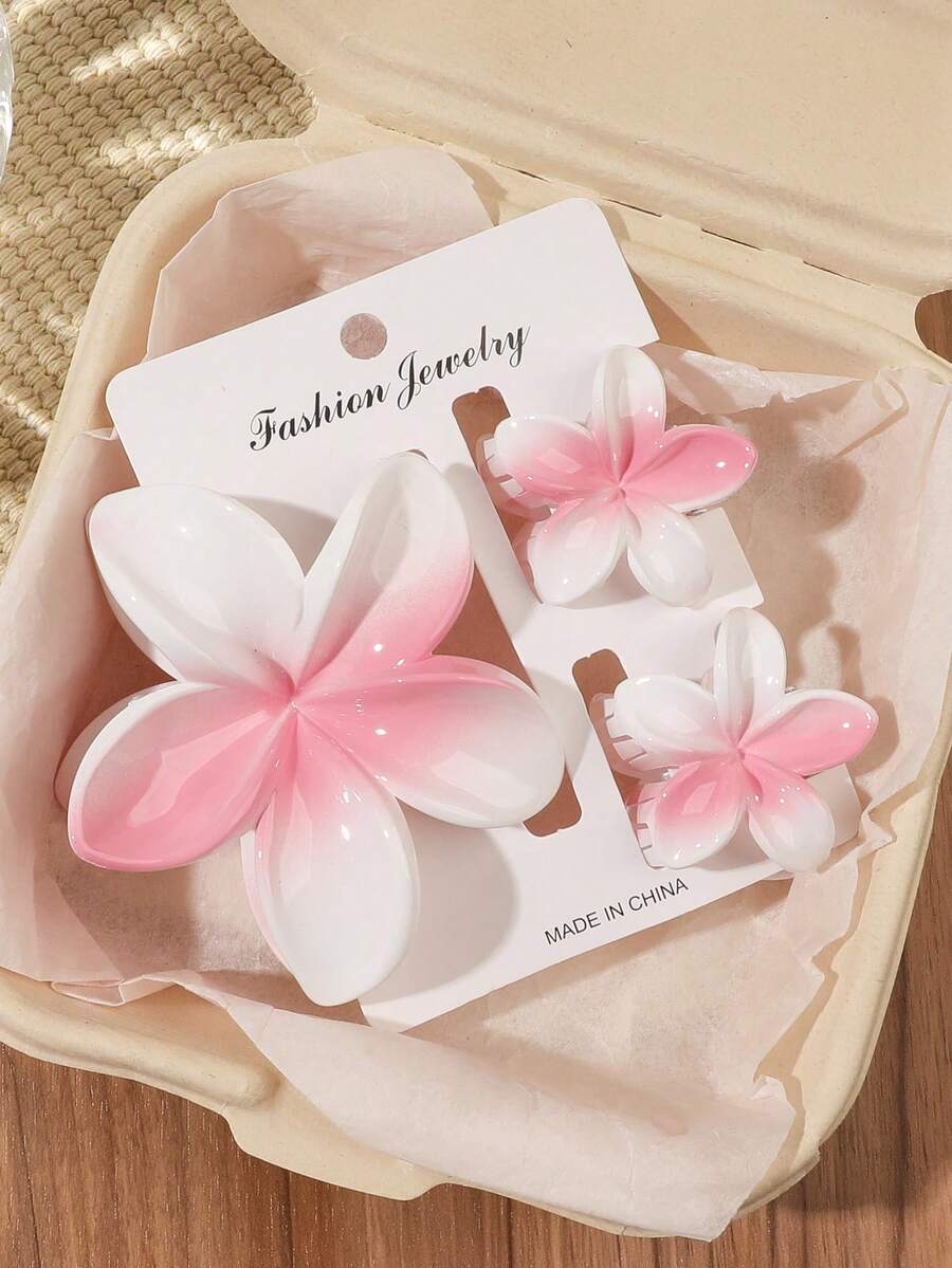 3pcs/Set Spring/Summer Bohemian Style Pink & White Gradient Marble Pattern Egg-Shaped Hair Claw Clips, Large & Small Sizes, Beach Vacation Style Bangs & Loose Hair Styling Hair Accessories