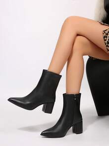 FVPFVP French Style High Heel Ankle Boots For Women, Soft Surface Chunky Heel Boots, 2024 Autumn/Winter New Patent Leather Design Professional Fashion Boots - Black - View 7