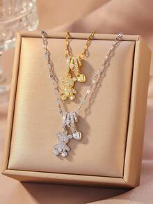 Romantic Pink Cubic Zirconia Inlaid Bear Pendant Necklace, Gold Plated Delicate Chain, Suitable For Women's Daily Wear Accessory - Bear - View 1