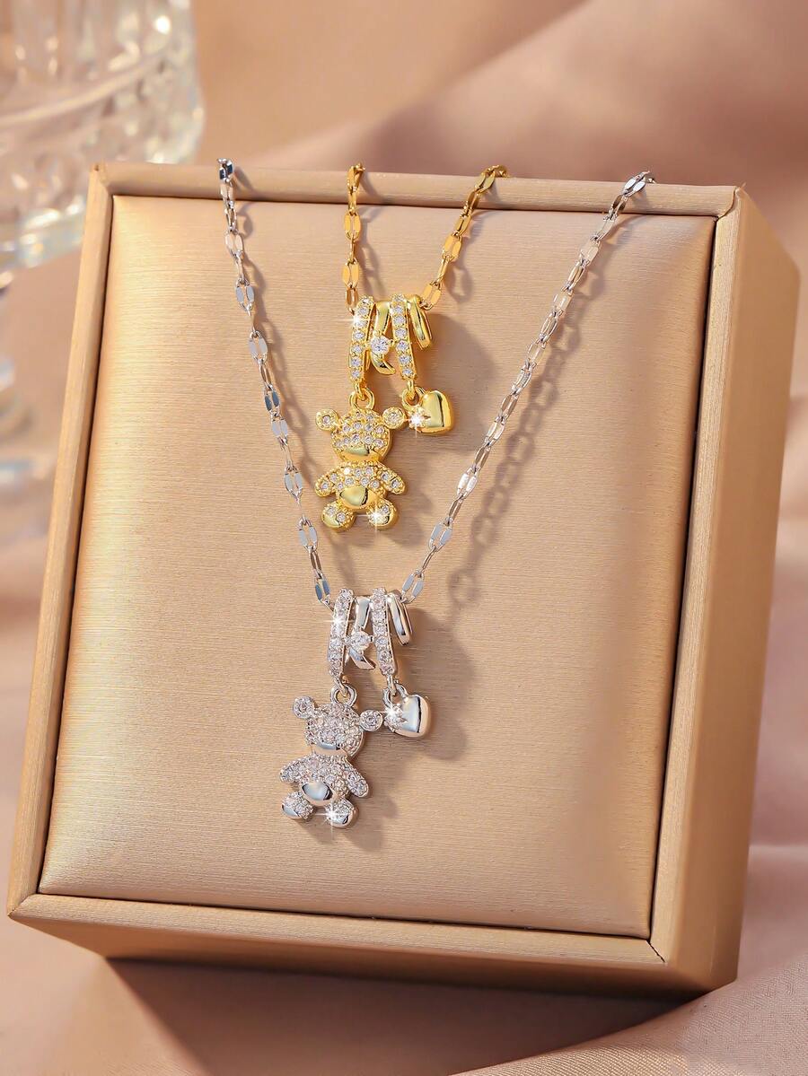 Romantic Pink Cubic Zirconia Inlaid Bear Pendant Necklace, Gold Plated Delicate Chain, Suitable For Women's Daily Wear Accessory - Bear - View 1