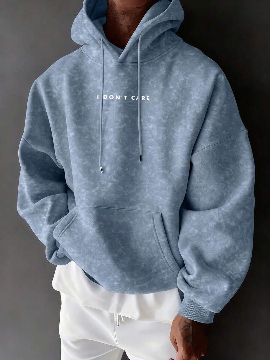 High Street 水洗做舊男士 DON'TCARE 文字印花寬鬆抽繩連帽衛衣 - 淺藍色 - 查看 1