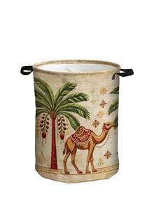 2D Flat Date Palm Tree Pattern Makeup Storage, Decorative Bohemian Style Laundry Basket, Round Laundry Basket, Craft And Sewing Supplies Storage, Camel, Date Palm Tree Pattern - Suitable For Bathroom Storage, Bedside Organizer With Sturdy Handle Storage Basket For Room Decoration, Laundry Basket - Multicolor - View 12
