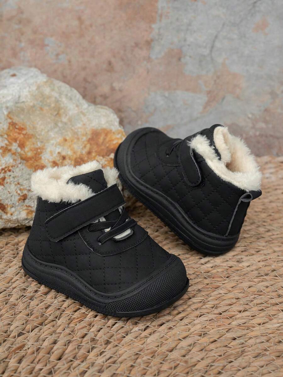 Infant & Toddler Thermal Lined Warm Boots, Unisex Solid Color Soft Sole Fashion Versatile Mid-Top Boots, Hook & Loop Easy On/Off Design - Black - View 1