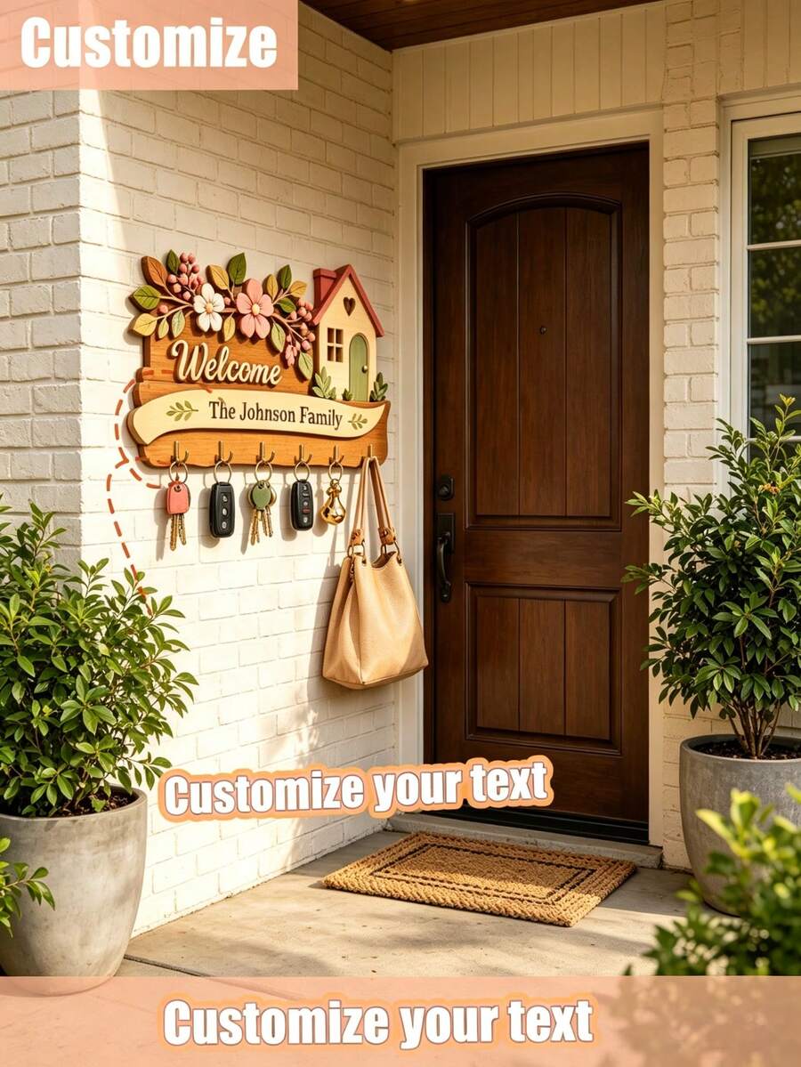 Estante de llaves de madera personalizado montado en la pared, ganchos de llaves familiares de varias capas, estante de almacenamiento de entrada personalizado, soporte de llaves colgante en la pared, adecuado para el vestíbulo, el pasillo y el hogar, regalo de inauguración de la casa, decoración de bienvenida al hogar - Multicolor - Ver 1