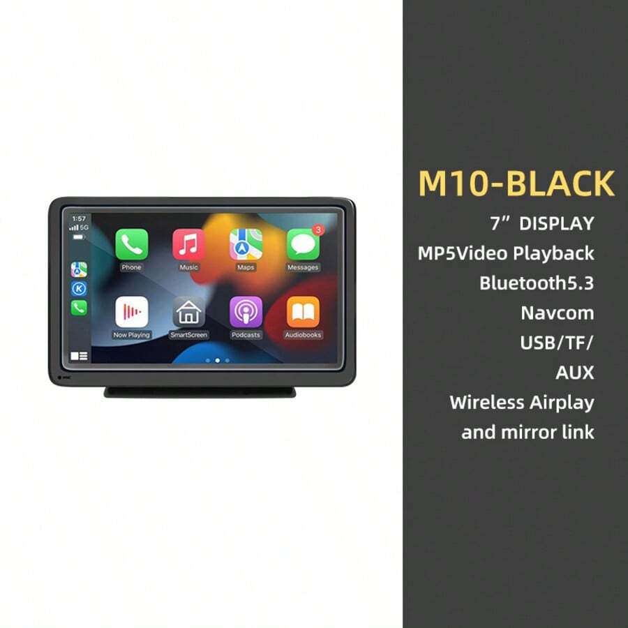 Layar Mobil Portabel 7 Inci, Apple CarPlay & Android Auto Nirkabel dan Berkabel, Bluetooth V5.3 Pemancar FM Kartu TF AUX, Layar 1024*600, Dukungan Video Mundur, Pemutar Multimedia Mobil 12-24V - Hitam - View 1