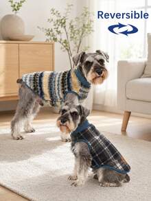 1pc Reversible Striped Plaid Dog Vest With Exquisite Leather Label, Soft And Warm Winter Pet Cotton Clothing, Suitable For Small And Medium Dogs Such As Maltese, Bichon, Yorkshire Terrier, Pomeranian - Royal Blue - View 11