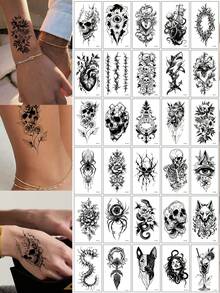 30pcs Animal Pattern Waterproof Durable Realistic Personalized Tattoo Stickers - Skeleton, Eyes, Spider, Snake, Rose, Centipede, Lion, Octopus, Dog, Etc., Suitable For Arms, Ankles, Shoulders, And More, Unisex Design - Black - View 1