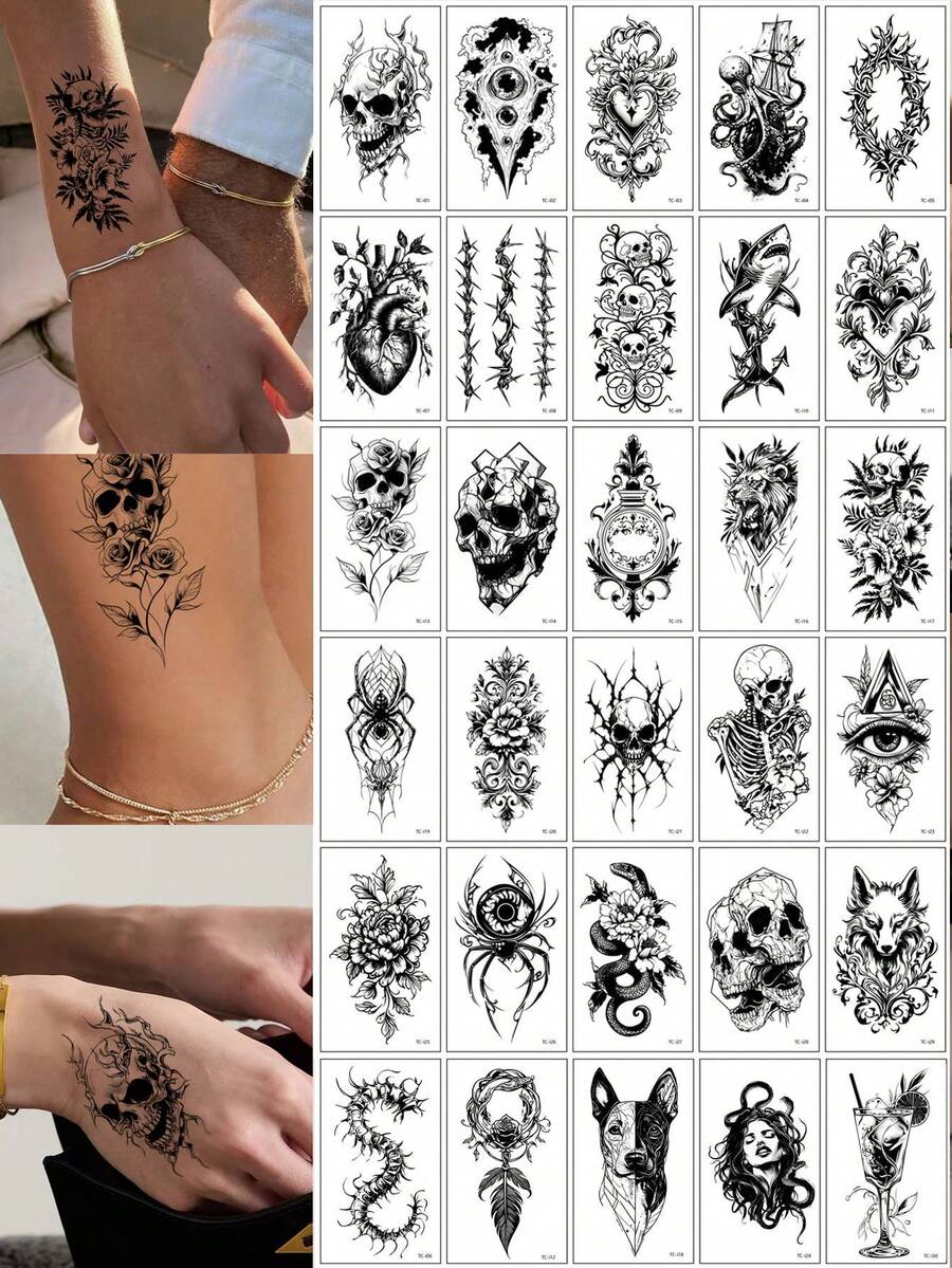 30pcs Animal Pattern Waterproof Durable Realistic Personalized Tattoo Stickers - Skeleton, Eyes, Spider, Snake, Rose, Centipede, Lion, Octopus, Dog, Etc., Suitable For Arms, Ankles, Shoulders, And More, Unisex Design - Black - View 1