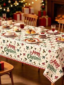 1Pc/3Pcs Christmas Plastic Tablecloth Rectangular, Merry Christmas Holiday Dining Decor, 54x108 Inch Classic Red & Cream Palette, Bow, Bell, Snowflake Vintage Pattern Winter Table Cloth, Xmas Party Decorations - Christmas Bow - View 4