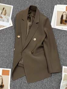 Spring/Summer Women's Solid Color Long Sleeve Double-Breasted Blazer, Notch Lapel | Suitable For Dates, Parties, Outings And Holiday Celebrations - Coffee Brown - View 4