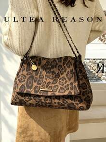 1pc Leopard Print Polyester New Women's Bag, Shoulder Bag, Crossbody Bag, Fashion Square Handbag, Chain Strap, Suitable For Commuting, Shopping, Dating - Coffee - View 6