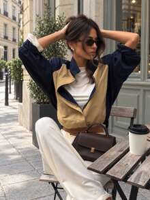 Women Sports Casual Color Block Stand Collar Long Sleeve Zippers Coat Autumn Casual Jacket - Apricot - View 3
