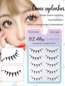 5 Pairs Pointed Tail Wet Manga Style Thick Voluminous Curly Spiky Doll Big Eye False Eyelashes Soft Faux Fur For Date And Daily Wear - Black - View 2