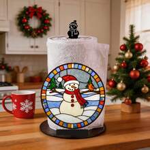 2D Christmas Snowman Red Scarf Red Cardinal Snow Scene Painted Glass Print Paper Towel Holder, Acrylic Material Vertical Roll Paper Storage Rack, Kitchen Dining Table Decor Ornament, Easy Installation, Suitable For Christmas - Multicolor - View 3