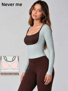Never me Women's Square Neck Long Sleeve Cropped Patchwork Trim Sports T-Shirt, Tight Fit Base Layer Top For Yoga, Pilates, Outdoor Jogging, Daily Commute - Blue - View 3