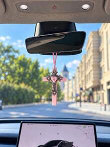 1pc Pink Gothic Cross Car Hanging Ornament Cute Heart Pendant Rearview Mirror Decor Vintage Women Style Interior Accessory Suitable For Ladies - A - View 1