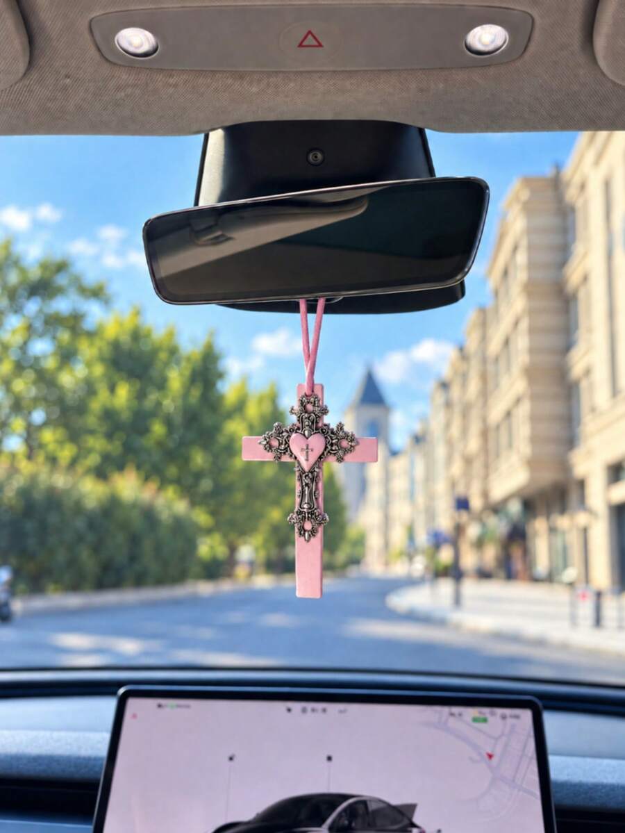 1pc Pink Gothic Cross Car Hanging Ornament Cute Heart Pendant Rearview Mirror Decor Vintage Women Style Interior Accessory Suitable For Ladies - A - View 1