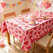 1pc Watercolor Hearts Rectangular Table Cloth, Pink Base Red Heart Printed Tablecover, Valentine Wedding Birthday Party Dining Table Decor - Multicolor - View 5