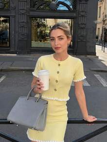 Women's Ribbed Knit Dress Set, Short Sleeve Cropped Top With Fitted Bodycon Skirt, Ruffle Trim And Decorative Buttons, Casual With Slight Stretch - Yellow - View 4