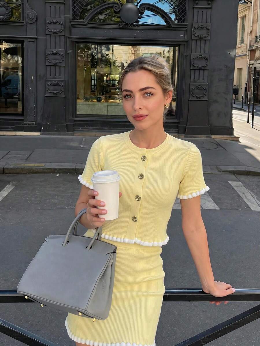 Women's Ribbed Knit Dress Set, Short Sleeve Cropped Top With Fitted Bodycon Skirt, Ruffle Trim And Decorative Buttons, Casual With Slight Stretch - Yellow - View 1