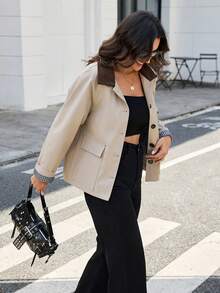 Women's Khaki Regular Length Trench Coat, Lapel Collar, Long Sleeve, Button Pockets, Woven Fabric, Creating Fashionable Autumn Look - Khaki - View 3
