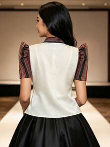 1pc Modern Filipiniana Blouse With Butterfly Sleeves, Button Blouse, Women's Short Sleeve Shirt Top For Office, Daily, Festival, Summer - Champagne - View 2