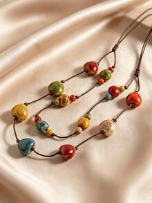 1pc Bohemian Style Colorful Heart Beaded Long Necklace, Brown Rope Layered Choker, Elegant Stackable Jewelry, Personalized Holiday Accessory, Suitable For Daily Wear, Party, Gift, Random Beaded Color - Multicolor - View 4