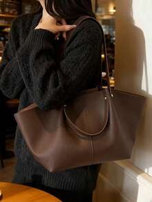 Lychee Texture Stitching Detail Double Layer Handheld Shoulder Bag Layered Storage Korean Style Lazy Tote Bag Women's Large Capacity School Shopping Versatile Textured Shoulder Bag - Coffee - View 5