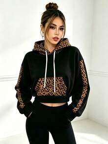 Leopard Print Patchwork Cropped Sweatshirt Long Sleeve Streetwear Sweatshirt - Black - View 5