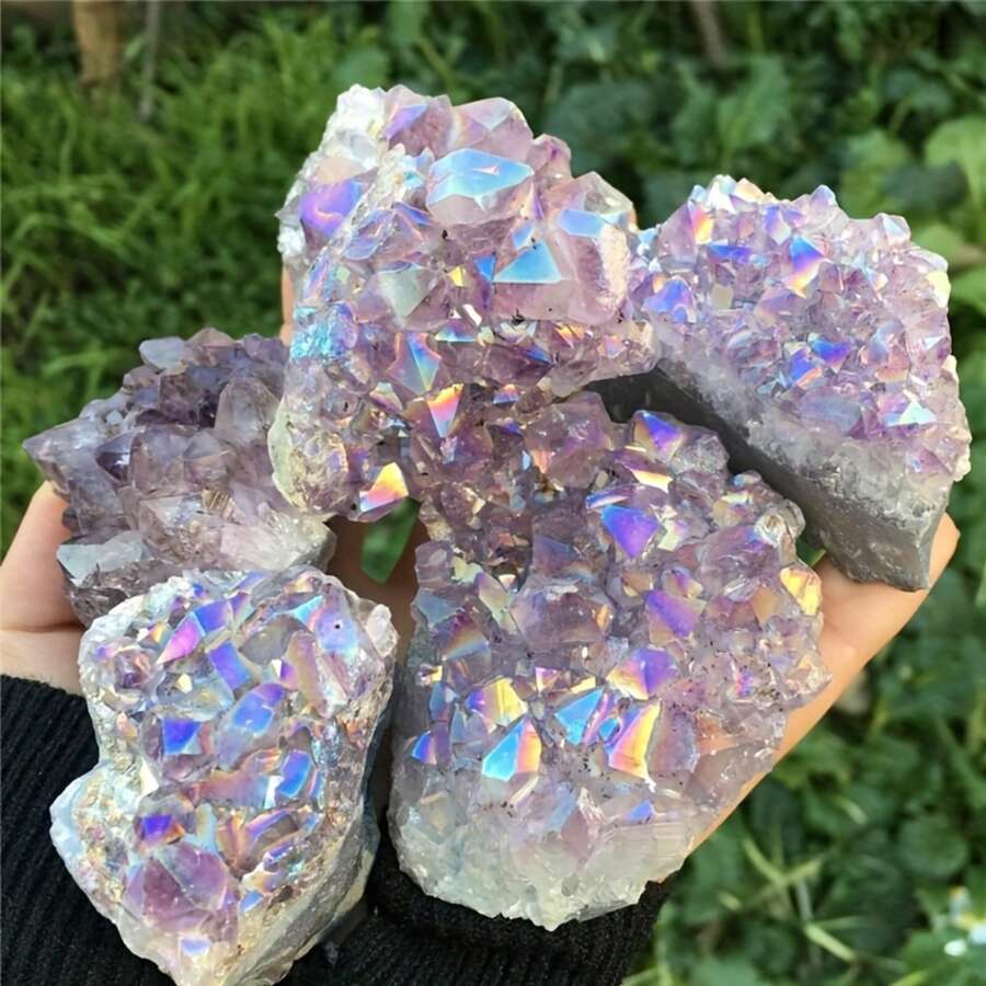 Natural Crystal Aura Amethyst Cluster Titanium Bonded High Decoration Crystal, Natural Angel Aura Rainbow Crystal Stone DIY Home Collection Decorative