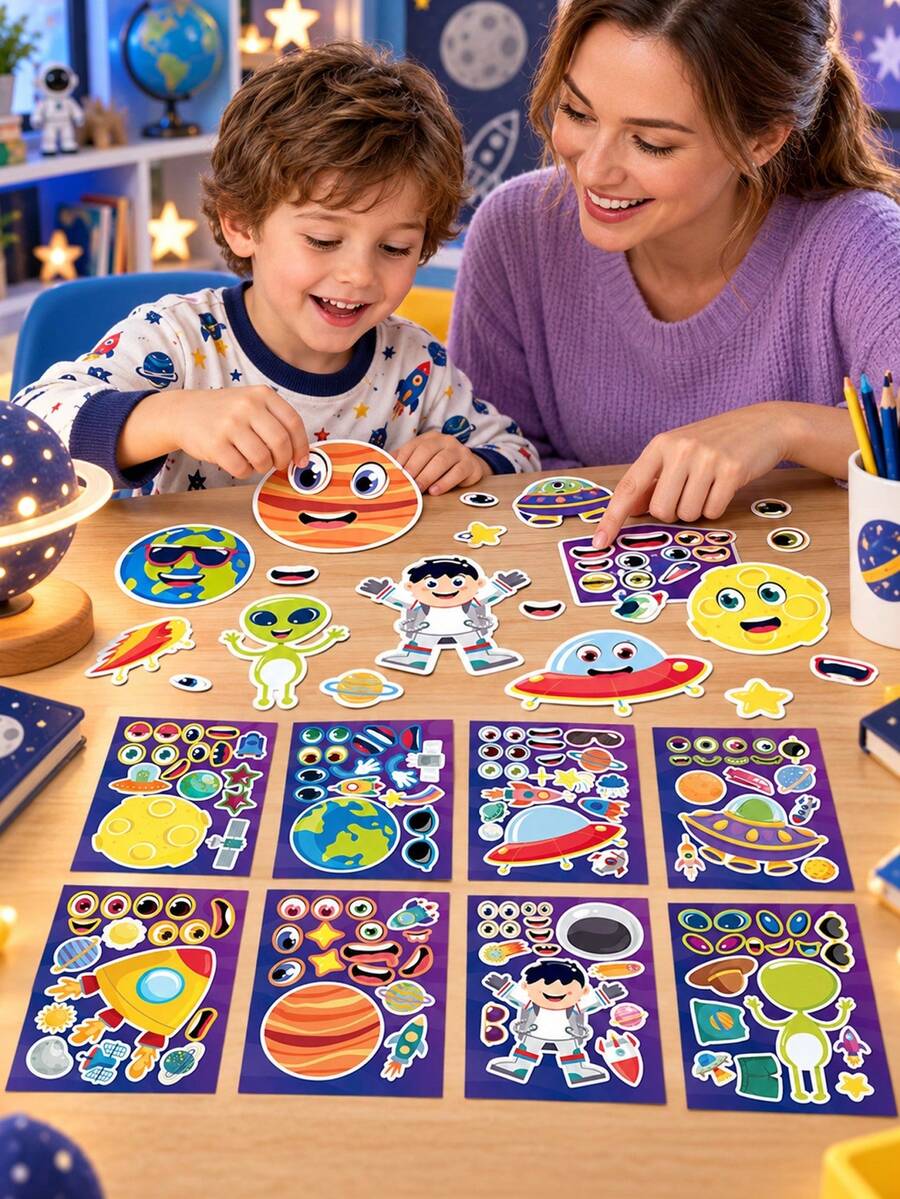 Outer Space Educational Puzzle Sticker Sheets, Parent-Child Interactive Make A Face DIY Craft Decals For Happy Birthday Party Decoration, Solar System Theme Favors, Festive Celebration Games Supplies Kits Sets Box Packages Goodie Bags Stuffers Pack - Multicolor - View 1
