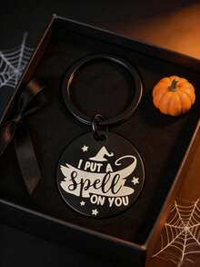 1pc New Stainless Steel Halloween Witch Keychains, I Put A Spell On You Engraved Charm, Black Key Rings, Car Bag Pendant, Halloween Party Gift - Multicolor - View 2